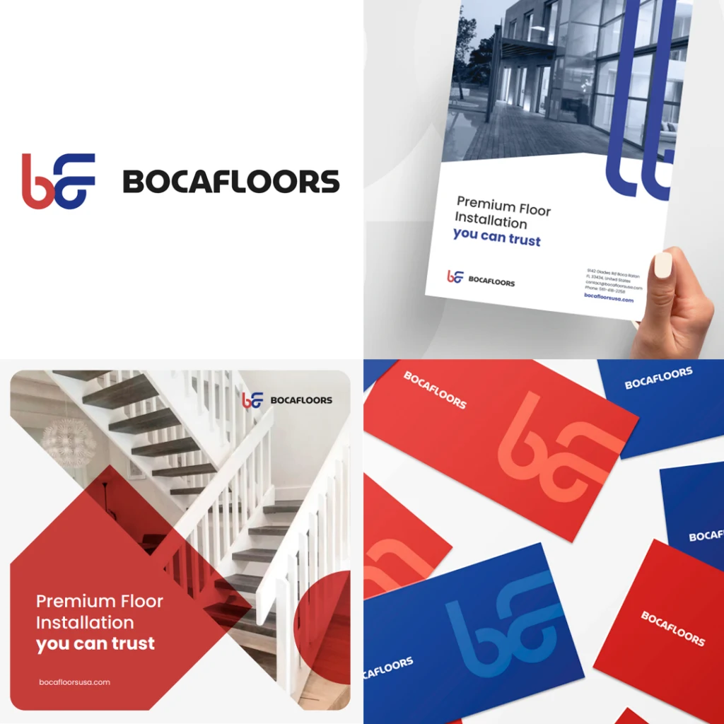 Identidade Boca Floors USA: logotipo, material impresso e aplicações da marca