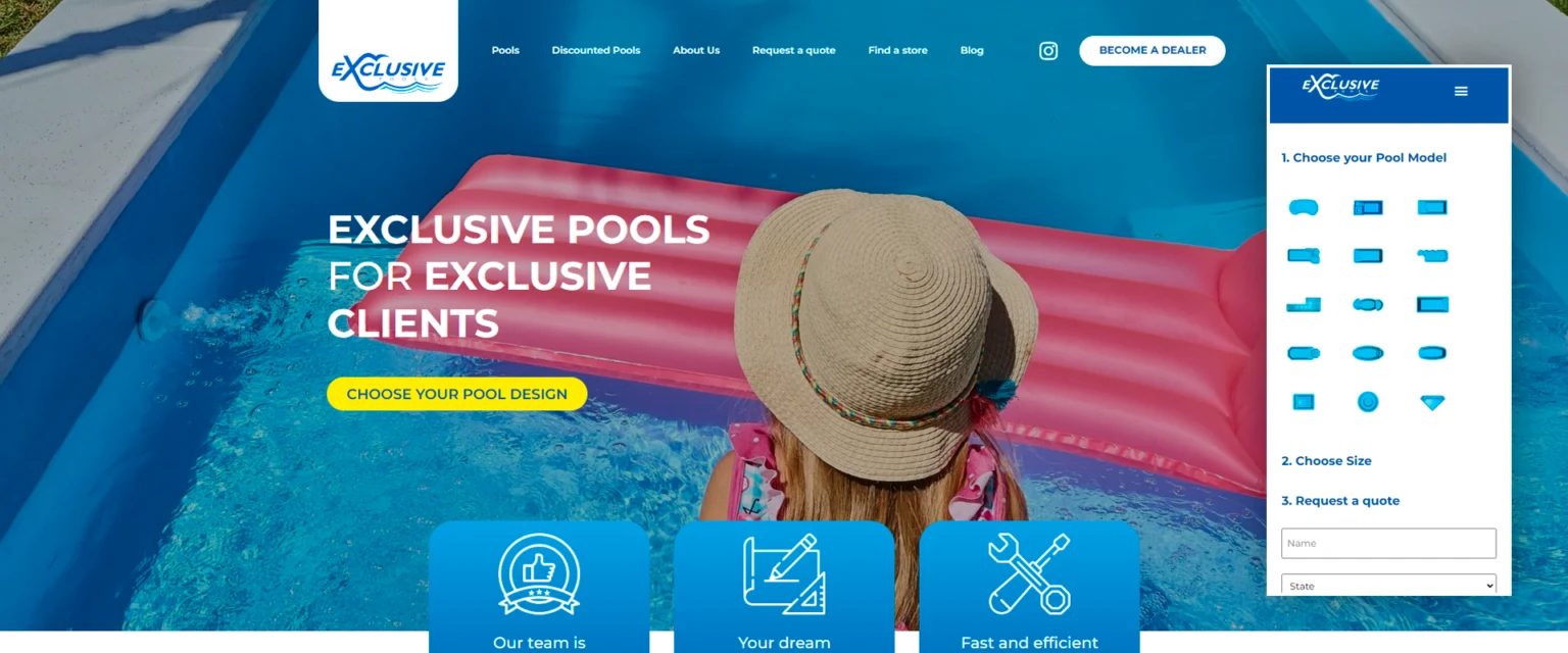 Website da Exclusive Pools USA, parte da operação de aquisição desenvolvida pela Decoy