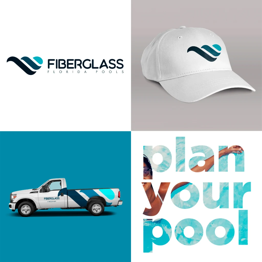 Identidade Florida Fiberglass Pools: logotipo, boné, veículo e aplicação gráfica